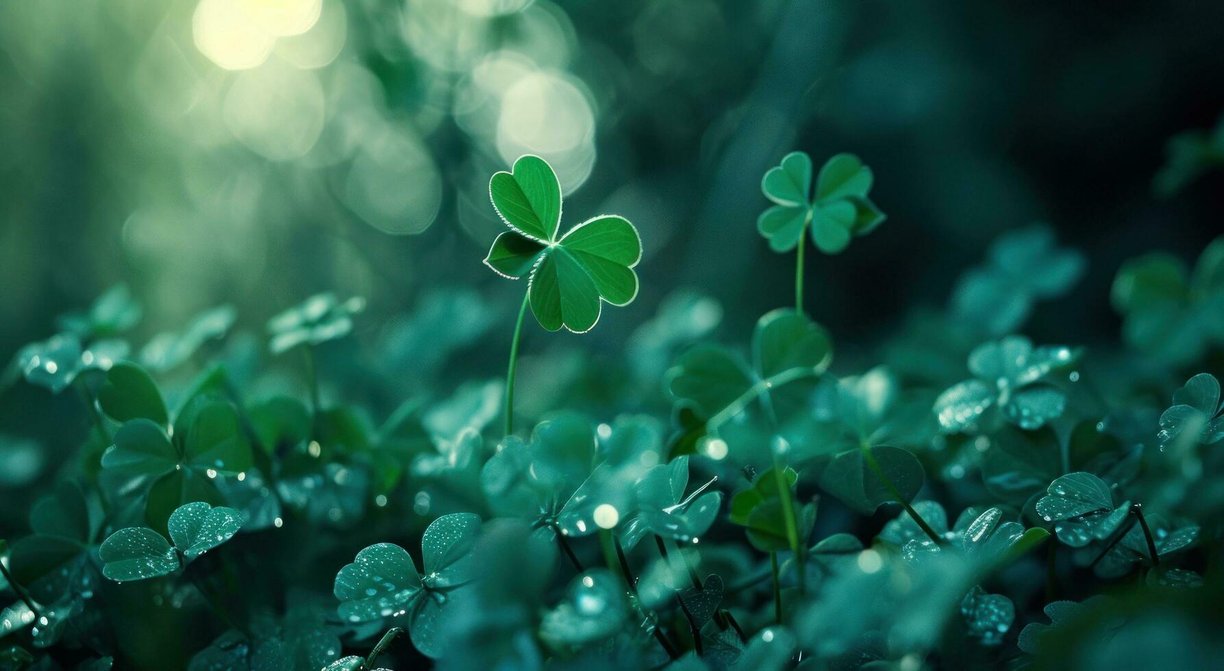 AI generated shamrock leaves on green background with bokeh photo