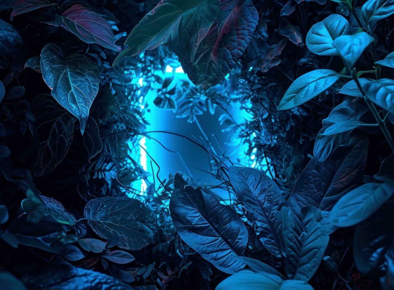 AI generated a blue light frame that is surrounded by dark green leaves photo