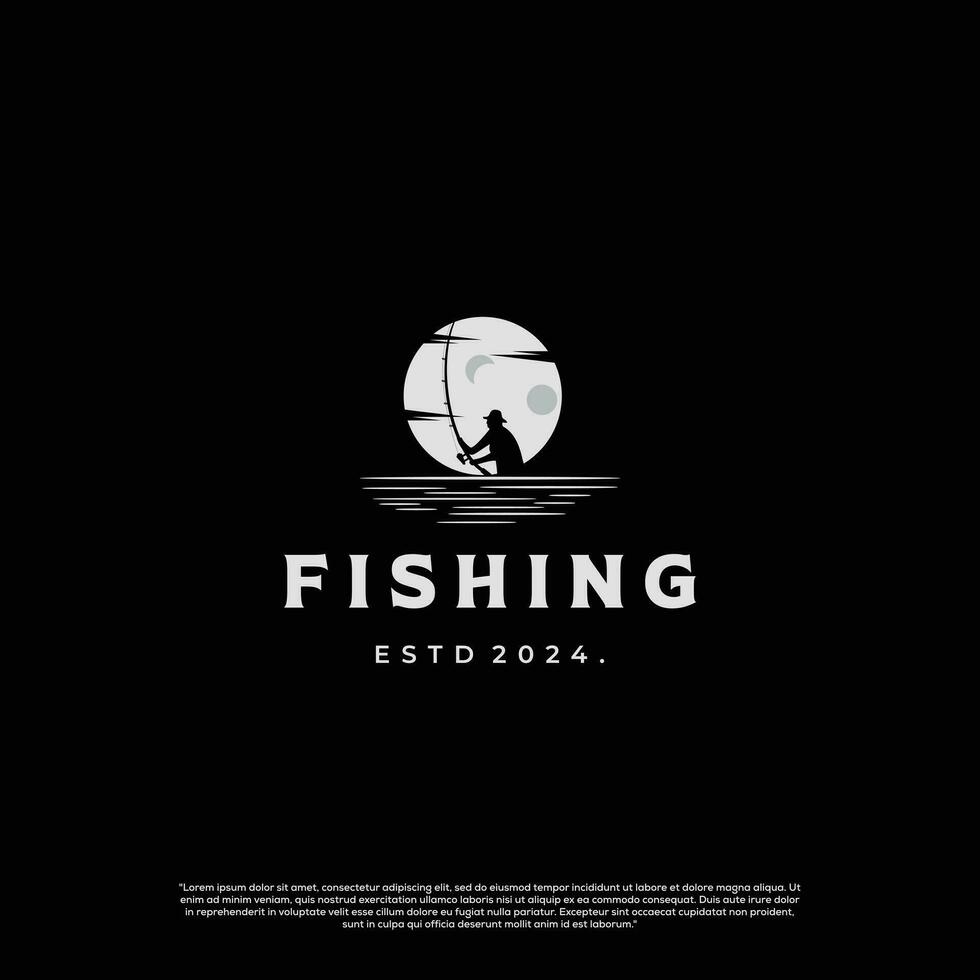silueta de noche pescar logo diseño concepto vector