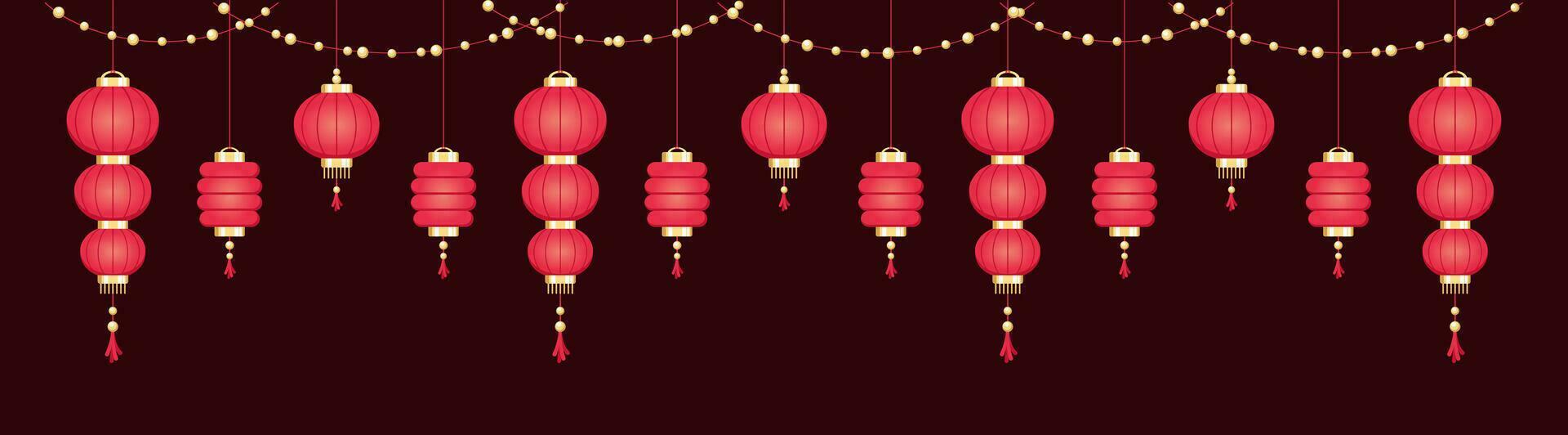 Hanging Chinese Lanterns Banner Border, Lunar New Year and Mid-Autumn Festival Graphic vector