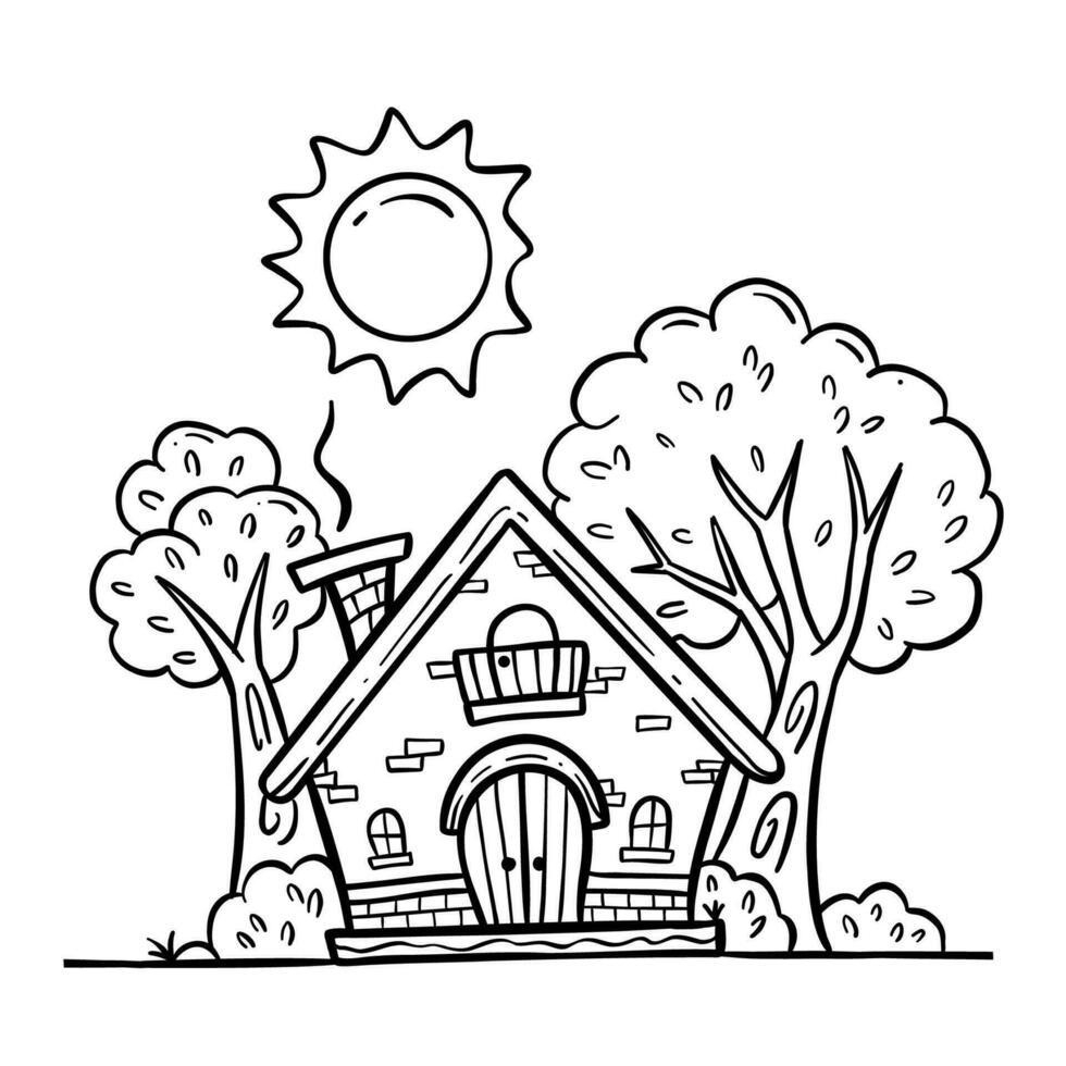 hand drawing illustration of home with chimney and trees black and white outline for kids and children coloring book page vector