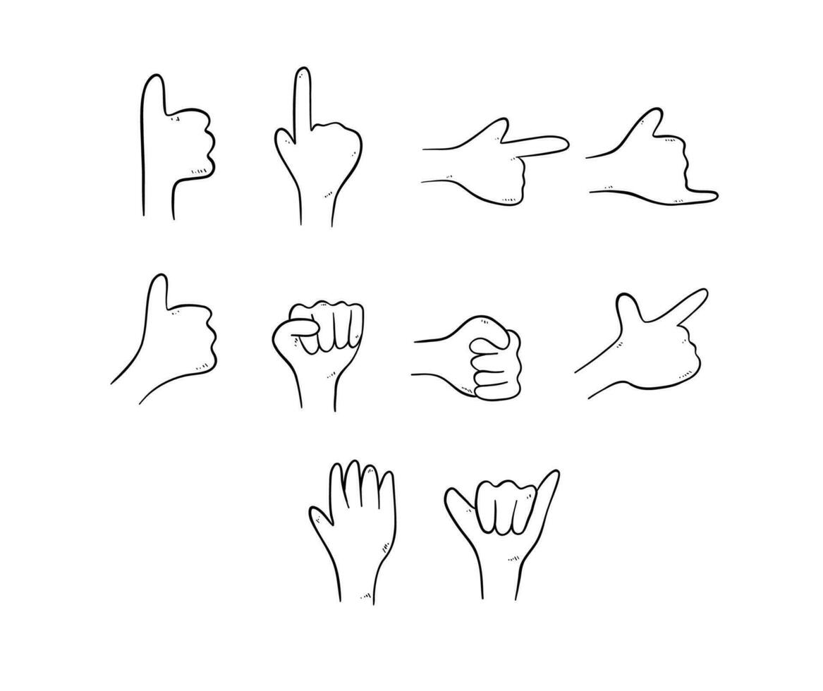 hand drawn hand poses and gesture doodle drawing illustration set. hand thumbs up, pointing, fist vector