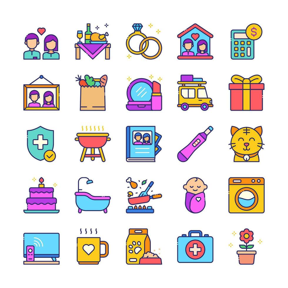 Family life and home daily activity icon set in flat style vector