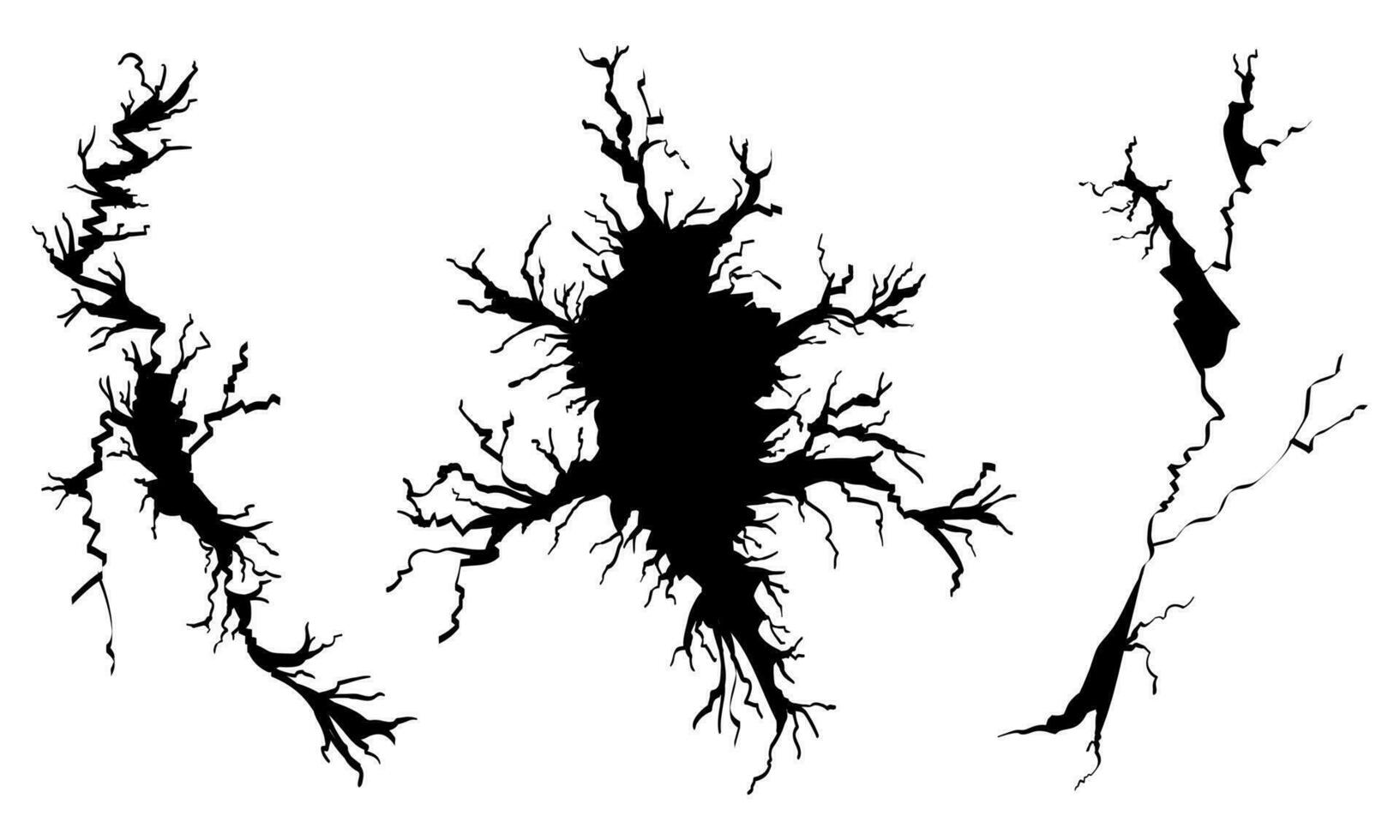 Hand drawn cracked wall, ground, glass, egg. doodle break set. vector illustration