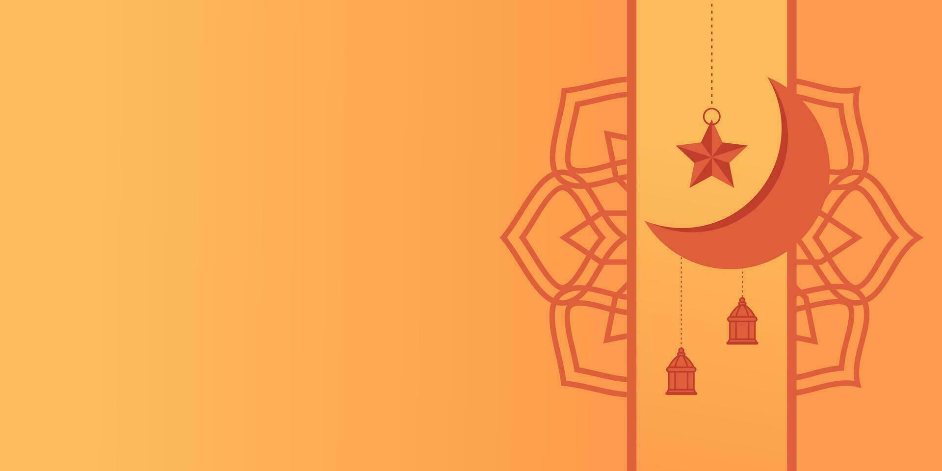 naranja islámico fondo, con mándala, luna, estrellas y linterna adornos gratis Copiar espacio área. vector modelo para bandera, saludo tarjeta para islámico vacaciones, eid al fitr, ramadán, eid al-adha