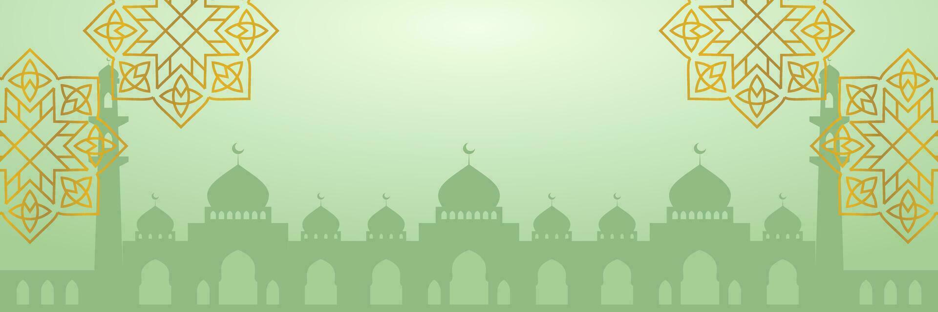 Islamic green background, with mandala ornament and mosque silhouette. vector template for banner, greeting card for Islamic holidays.