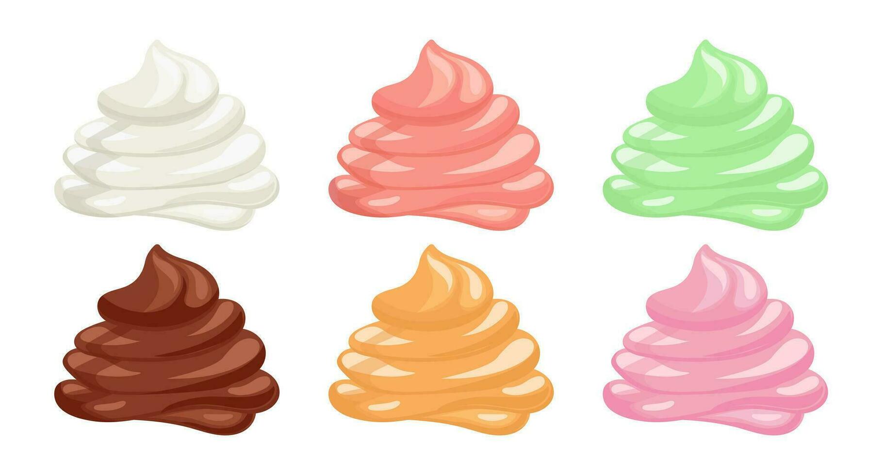 Creamy swirl set. Whipped cream, mousse. Strawberry, chocolate, vanilla and caramel cream. Dessert illustration in cartoon flat style. Food icon. Vector