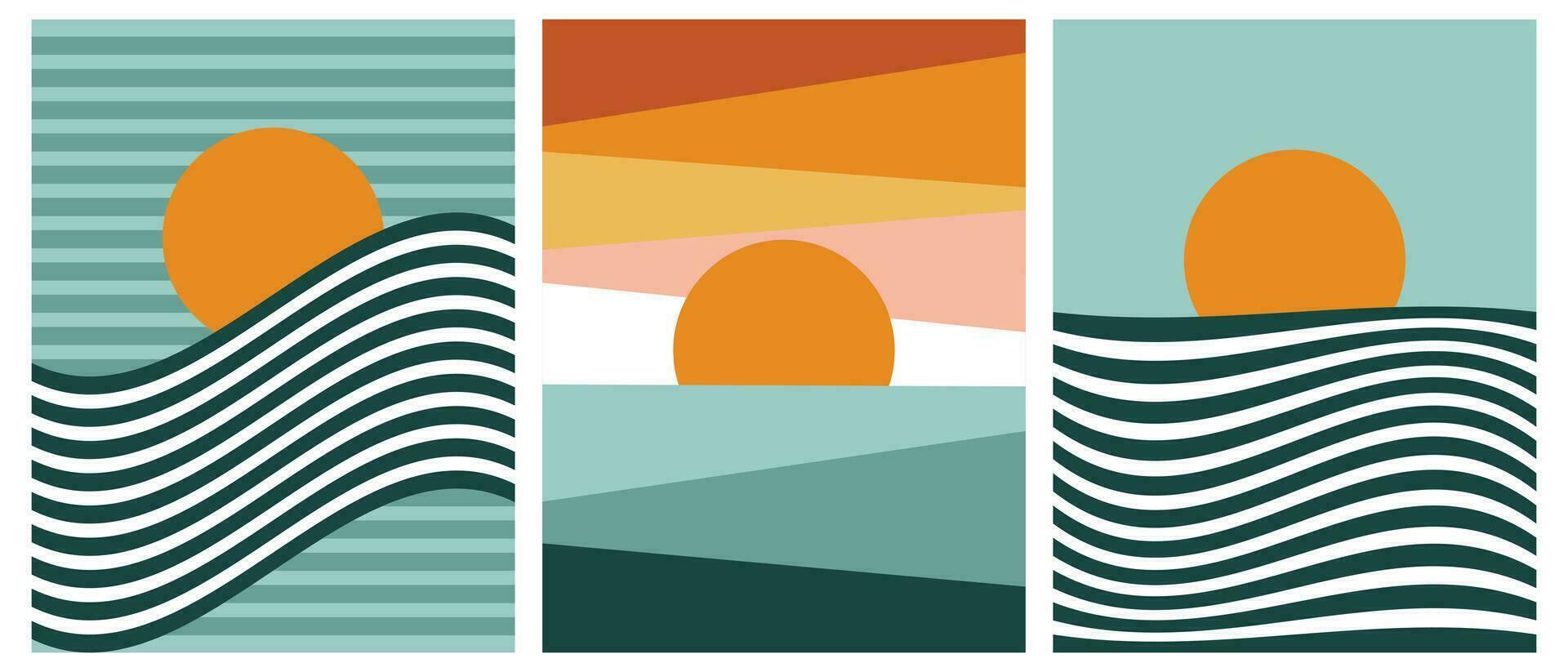 Set of vintage landscape backgrounds with sun and sea waves. Retro tapestries in boho style. Vector