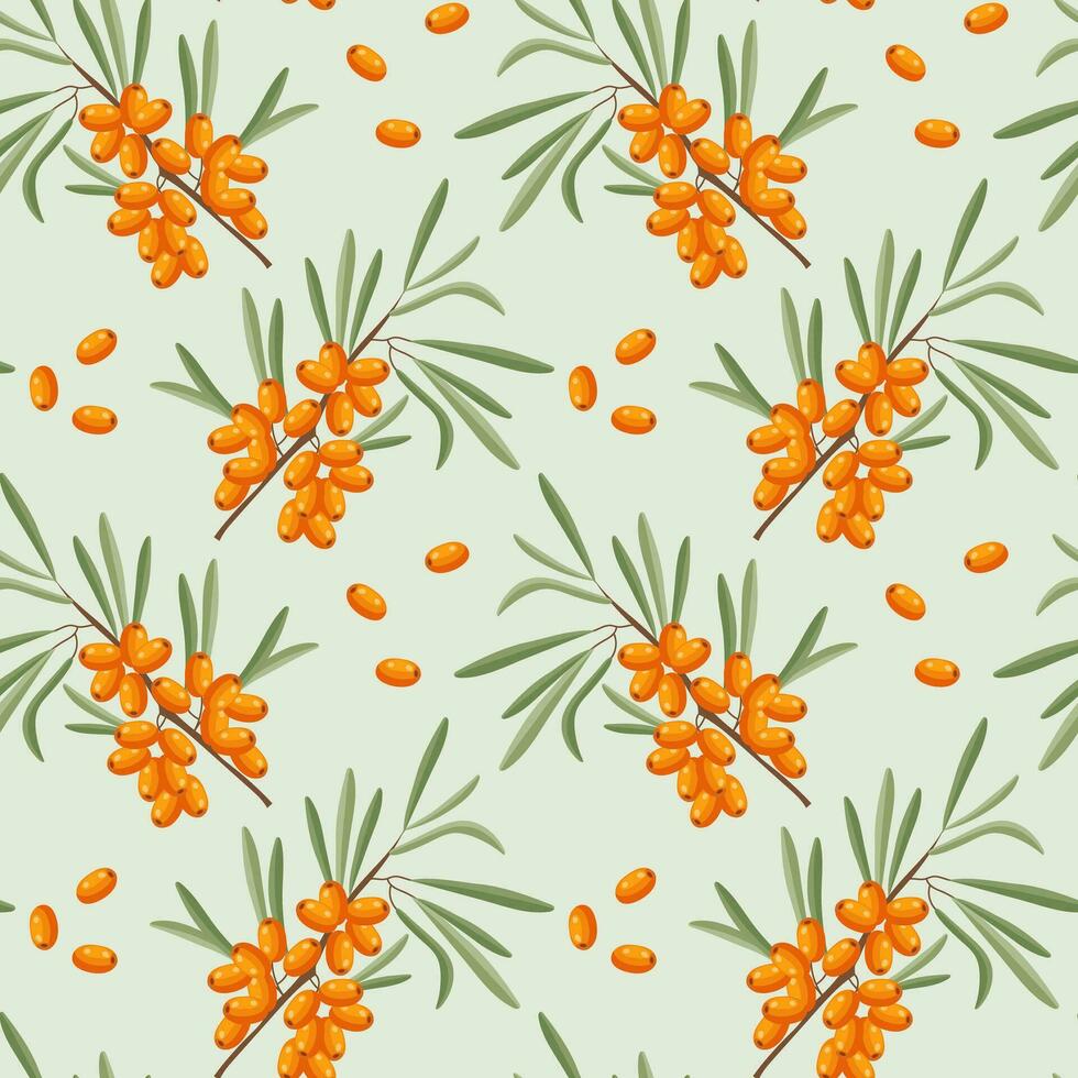Seamless pattern, sea buckthorn branches and sea buckthorn berries on a light background. Print, background, vector
