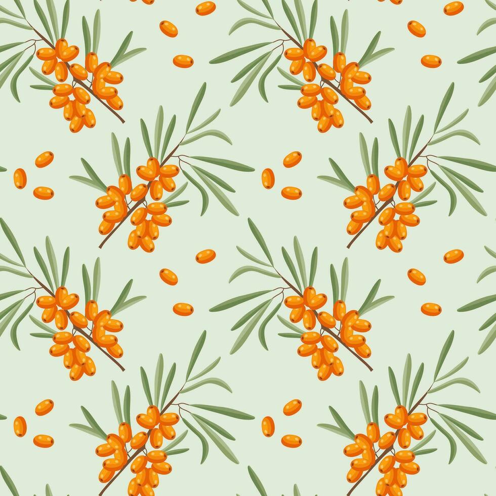 Seamless pattern, sea buckthorn branches and sea buckthorn berries on a light background. Print, background, vector