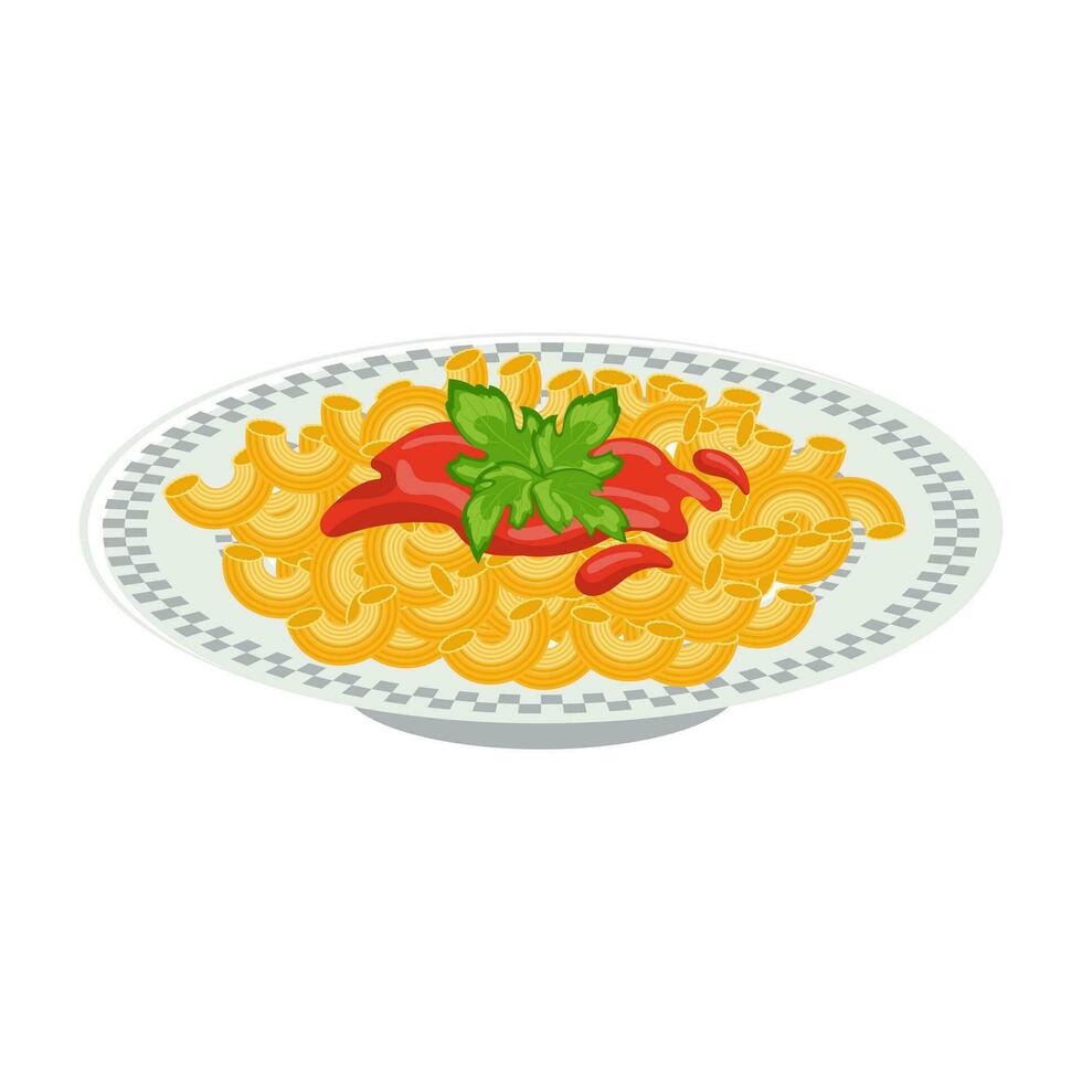 A plate of pasta. Pasta with tomato sauce and herbs. Italian Cuisine. Food illustration, vector