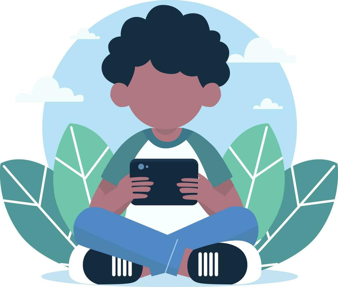 boy playing with phone vector