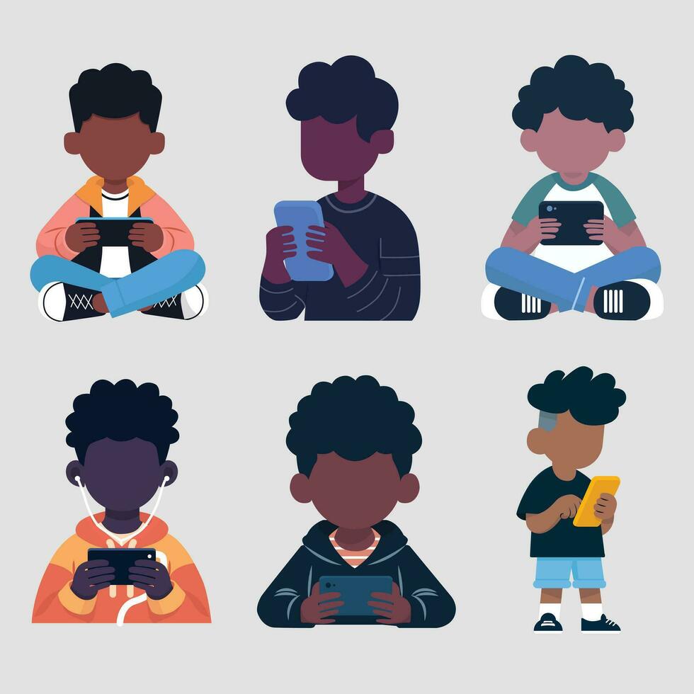 set of boys playing with phone vector