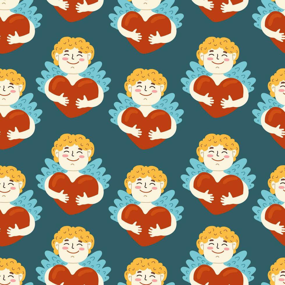 Amur baby with heart vector seamless pattern. Funny cupid, Valentine's Day Romantic texture background