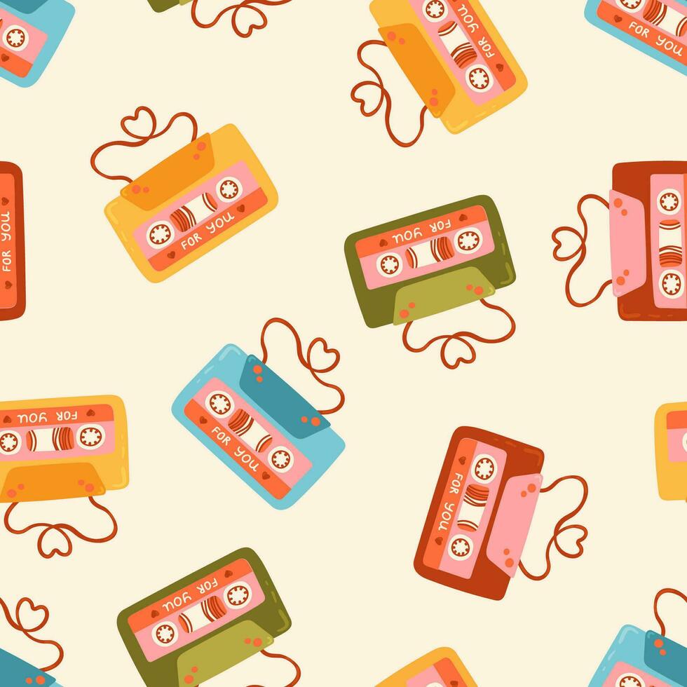 Stereo cassette with stickers of hearts and text for you vector seamless pattern. Valentine's Day Audio cassettes of love Romantic texture background