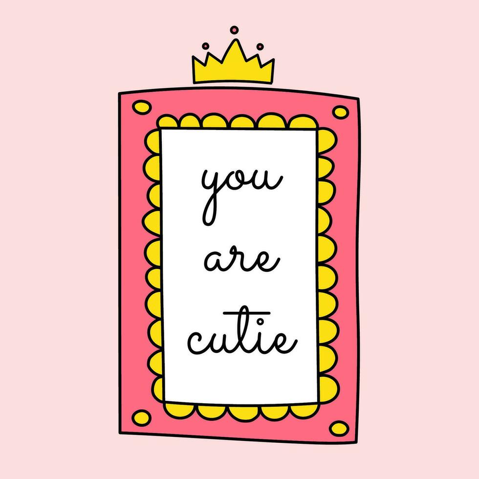Cute graceful rectangular vector frame with crown and lettering. Pink doodle mirror for a little princess, beautiful decorative border, hand drawn.