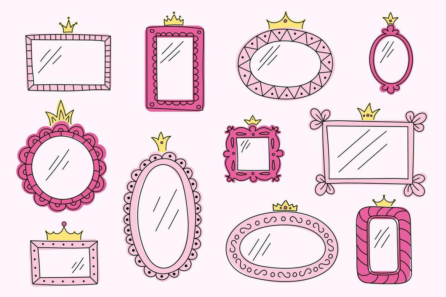 Set of cute vector mirrors in different shades of pink. Whimsical vintage hand drawn frames, crowns and swirls.