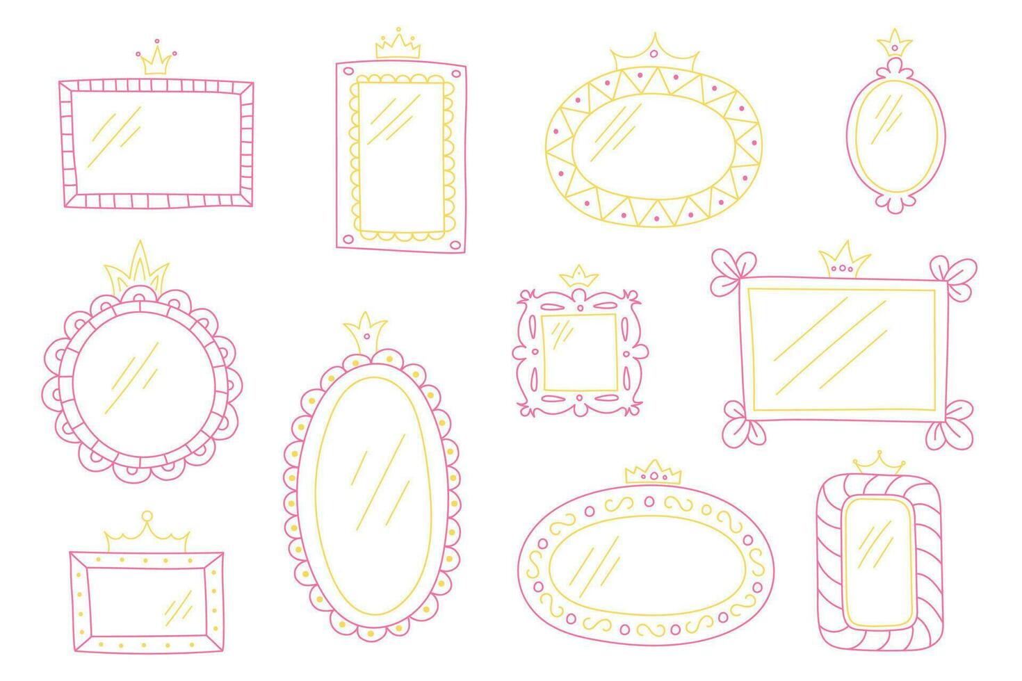 A set of hand-drawn minimalist mirror doodles. Girly vector frames for little princesses of different shapes. Pink and yellow lines, crowns, decorative border.