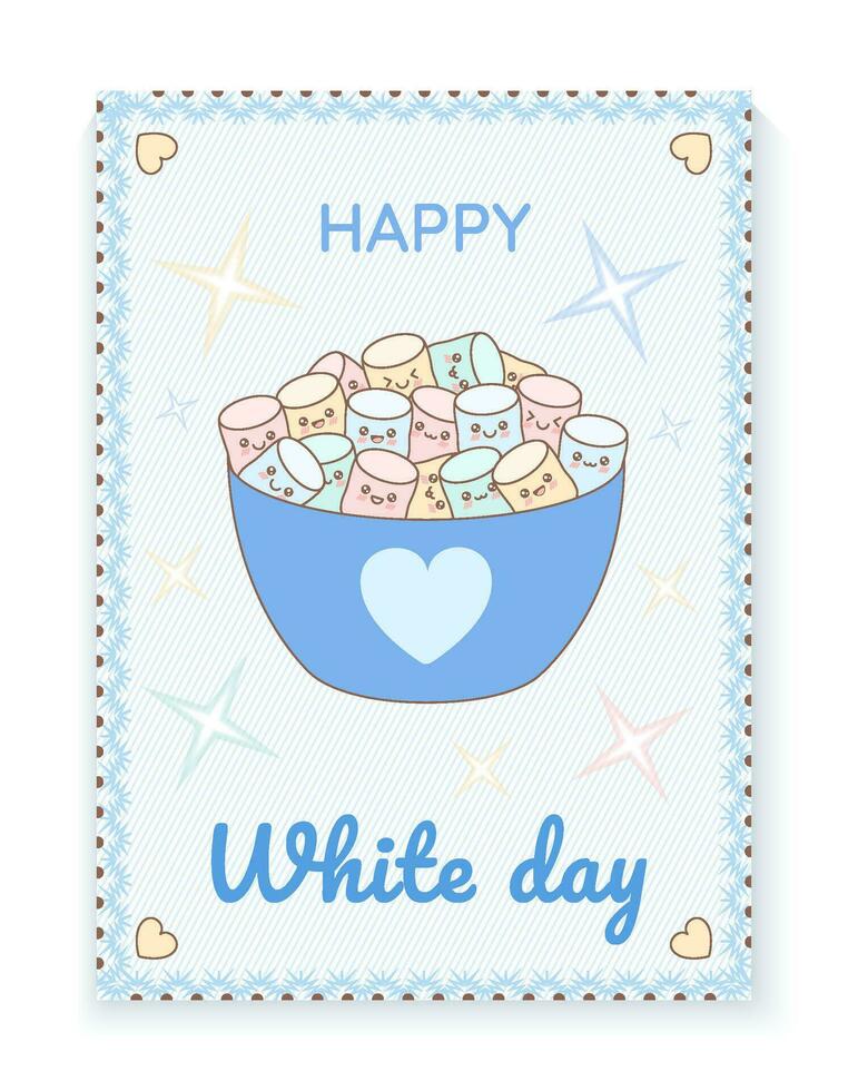 Happy White Day card template. Vector illustration for greeting card or poster. Kawaii marshmallow in pastel color.