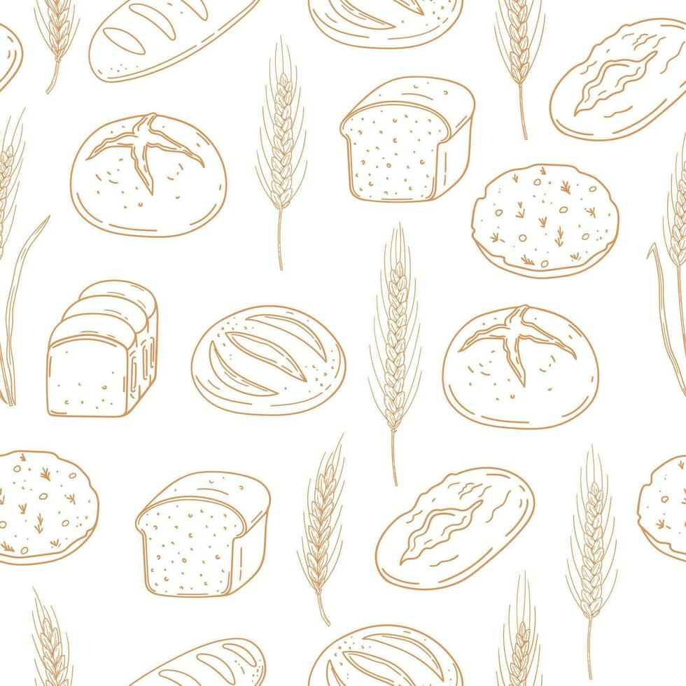 Hand drawn seamless pattern with different type of bread and wheat ears. Baked goods background. Design for bakery, home textile vector