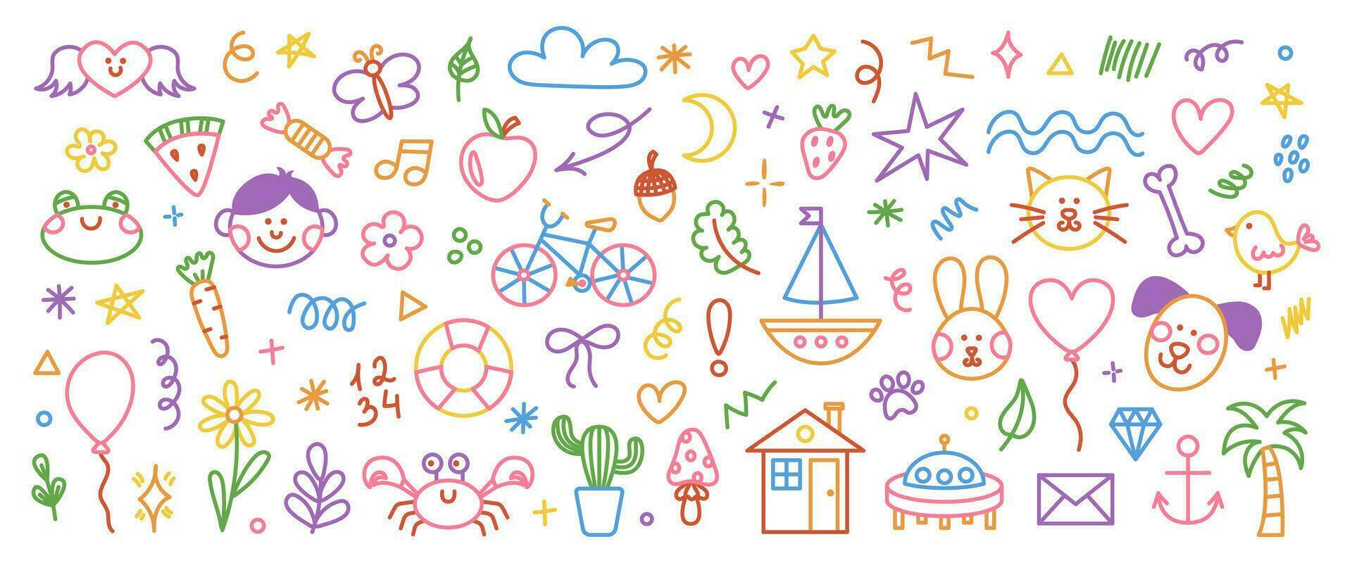 Cute hand drawn doodle set of simple kids decorative elements. Colorful collection of scribble, animal, flower, sun, cloud. Vector illustration