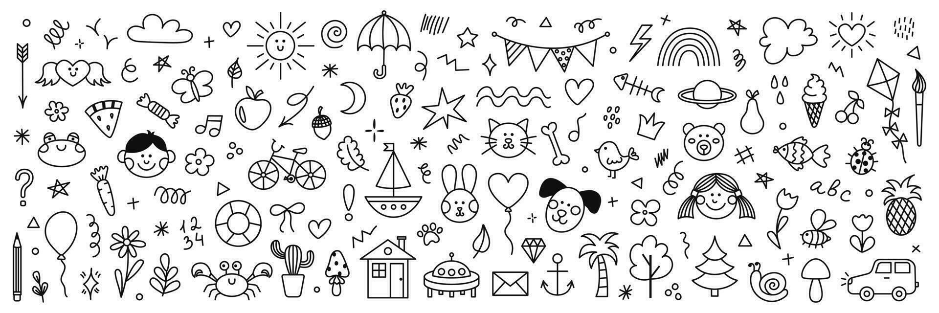 Cute hand drawn doodle set of simple  kids decorative elements. Collection of scribble, animal, flower, sun, cloud. Vector illustration