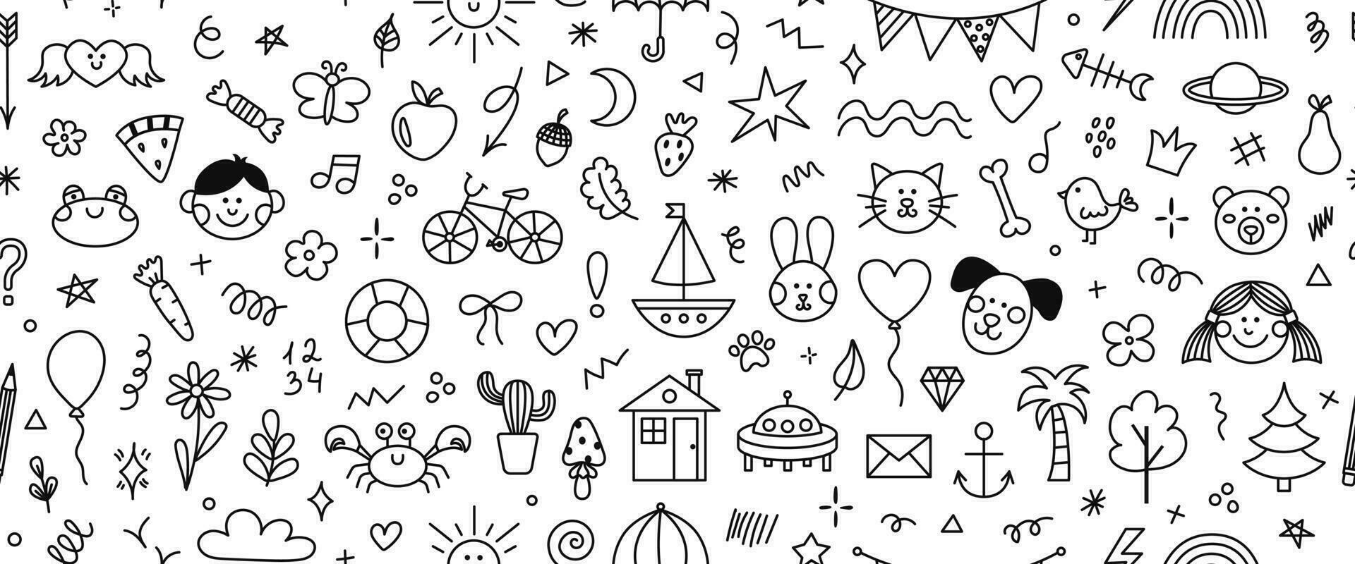 Cute hand drawn doodle vector seamless pattern of simple  kids decorative elements. Collection of scribble, animal, flower, sun, cloud