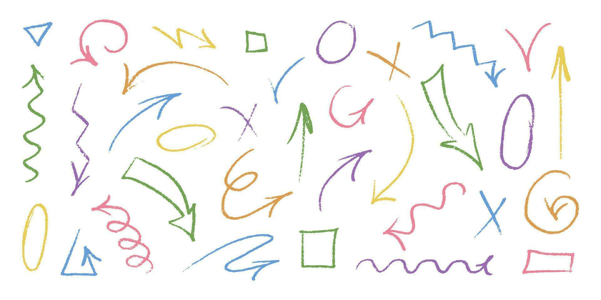 Various colored charcoal arrows set. Hand drawn doodle symbols. Vector scratched curved line and waves