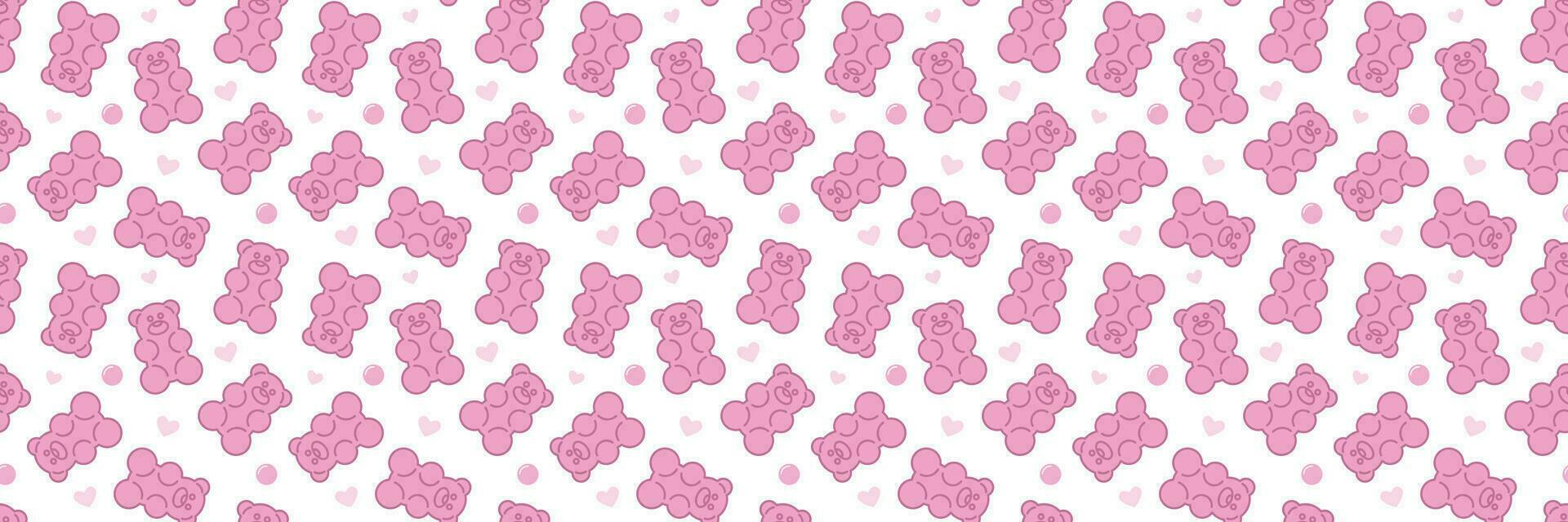 Pink gummy jelly bears, vector seamless pattern. Cartoon illustration in white background