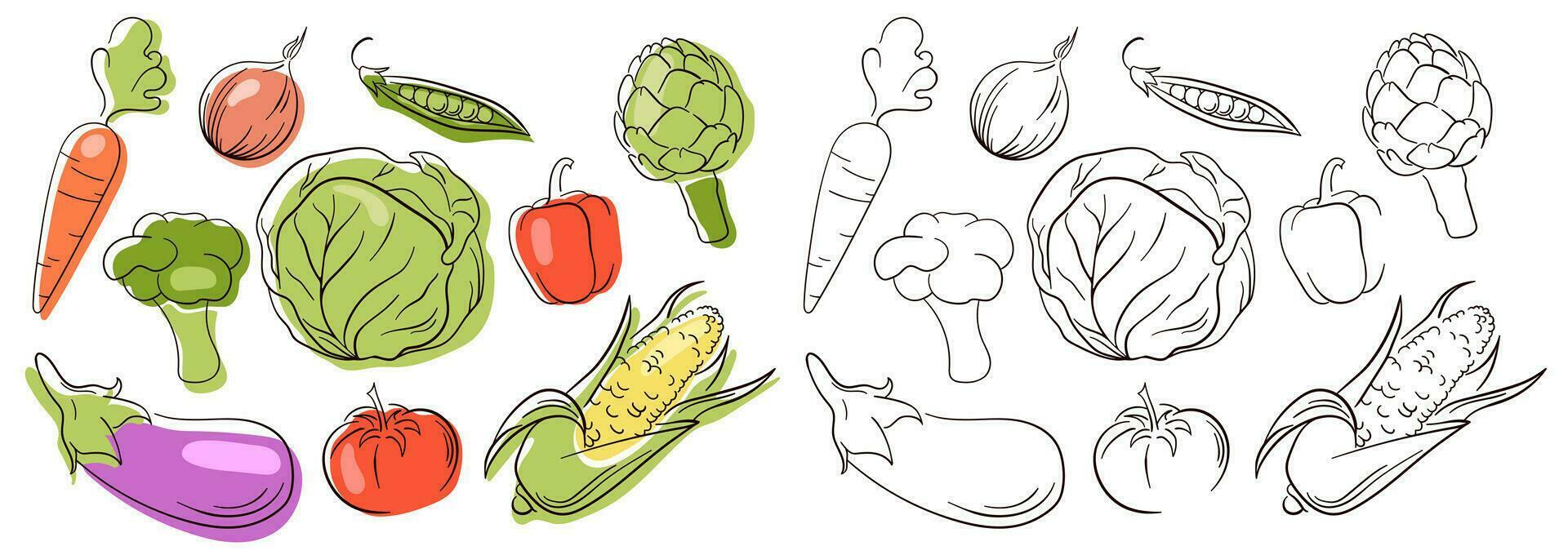 Vegetables set in line art style. Illustration of colored and monochrome vegetables for design farm product, menu, restaurants, vegetarian shop. Vector illustration isolated on a white background.