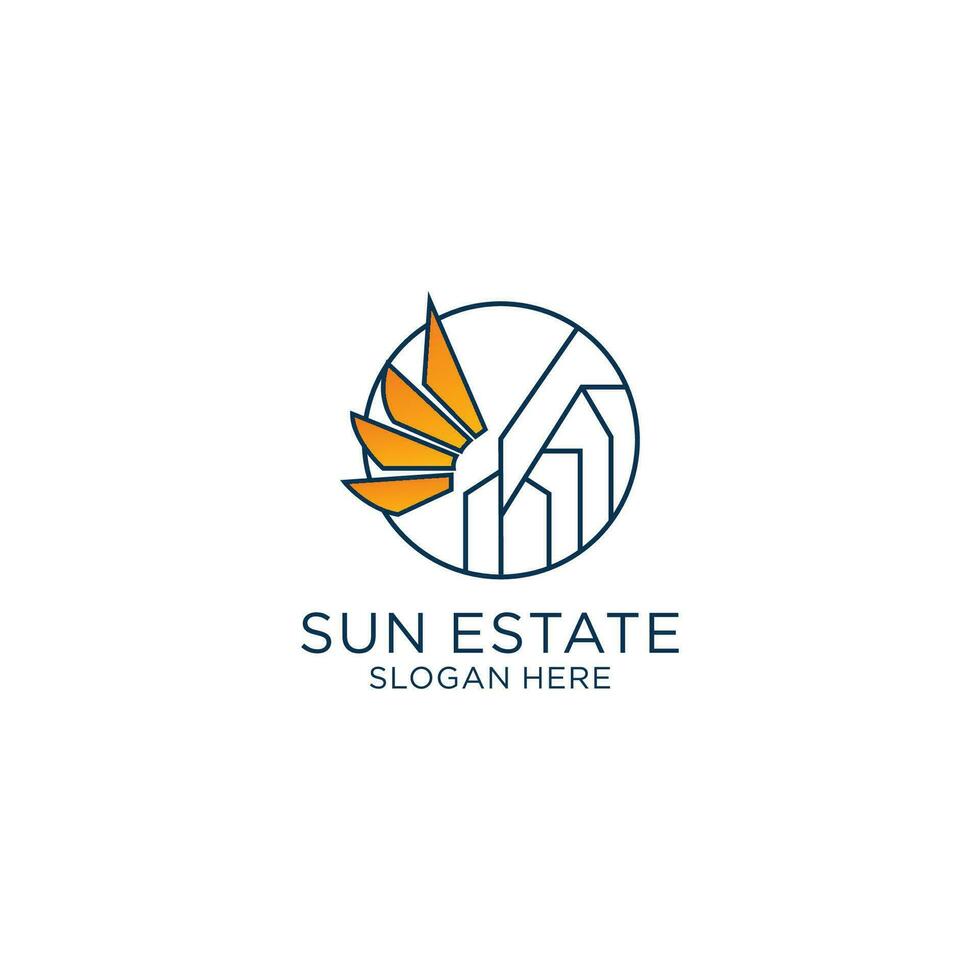 Sun Estate logo design template. Vector real estate building icon sign. Solar house symbol emblem in circle. Sunshine housing label illustration background.