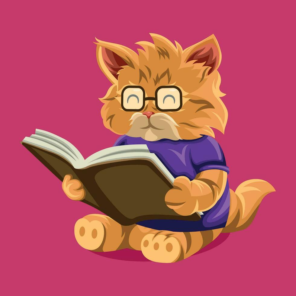 happy cat with glasses studying with a book, vector illustration, pink background