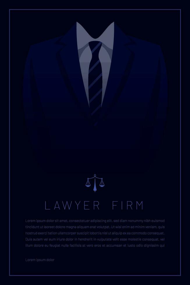 póster modelo con elegante traje antecedentes y símbolo de justicia, vector diseño para ley firma en azul tonos