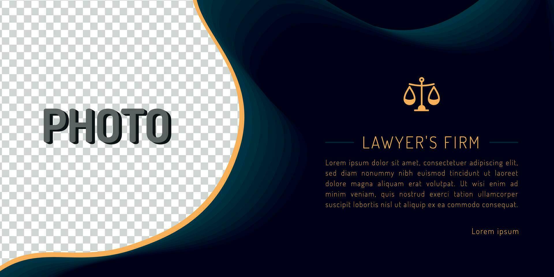 elegant flyer template with space for photo and scales of justice symbol, vector design for law firm