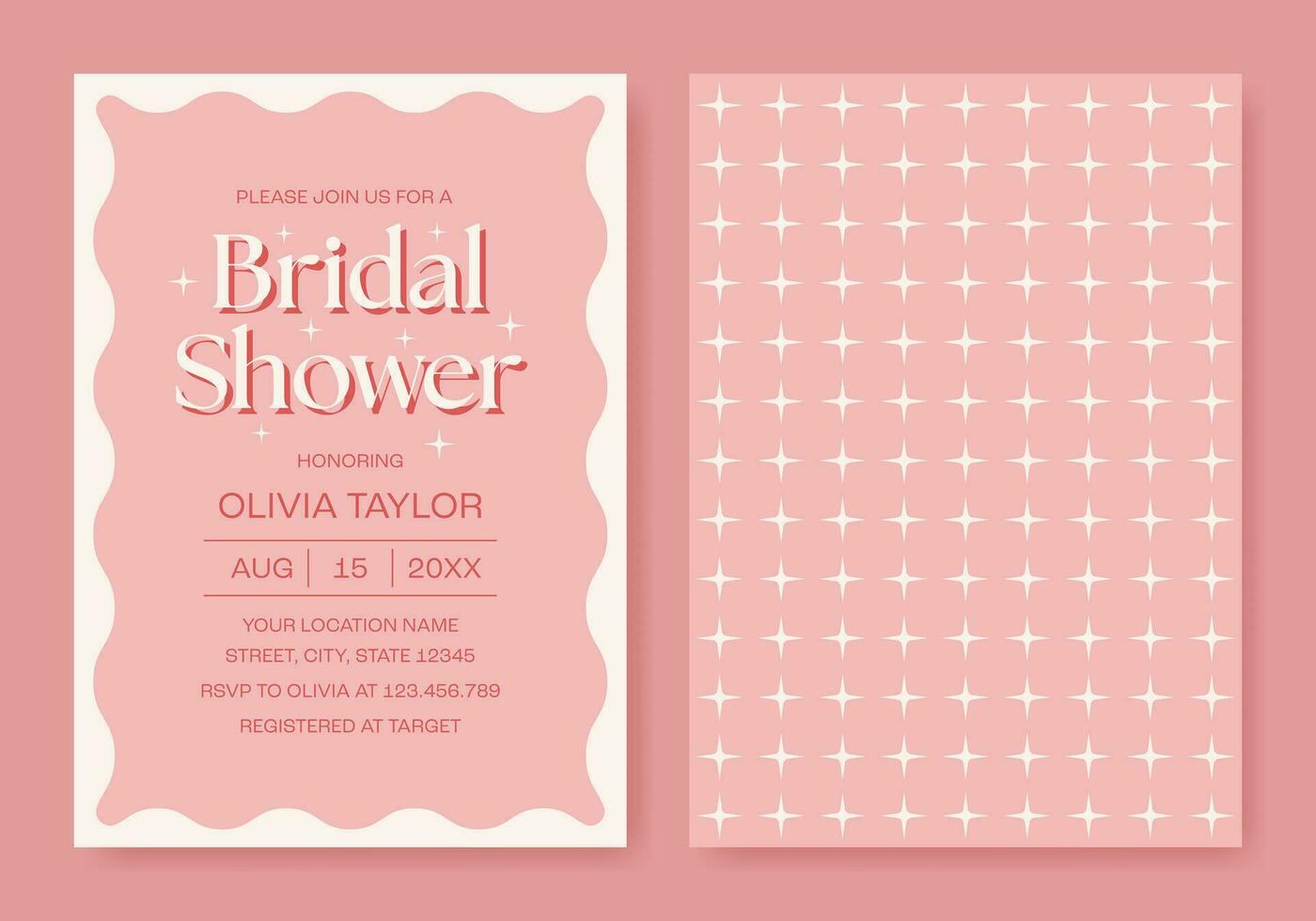Pink wavy minimalist bridal shower invitation. Elegant retro party invitation template. Vector illustration
