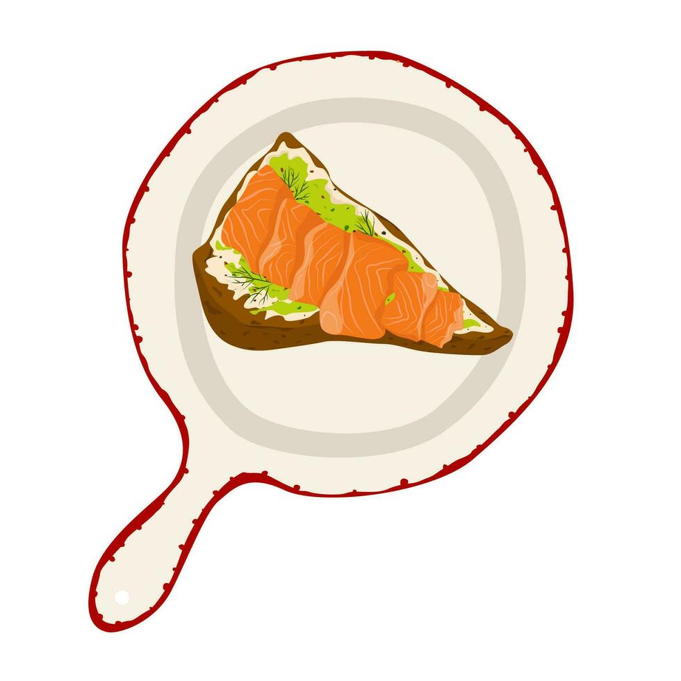 Breakfast toast with guacomole, cream cheese, salmon and herbs on a plate. Crispy bread. Breakfast served in style. Healthy breakfast. Sandwich. Vector illustration.