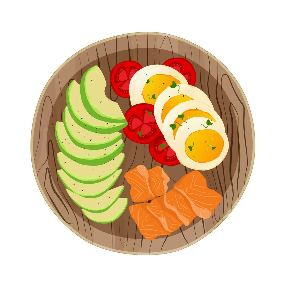 Breakfast with avocado, salmon, boiled eggs and fresh tomato. Beautiful serving of breakfast on a wooden plate. Healthy breakfast. Vector illustration.
