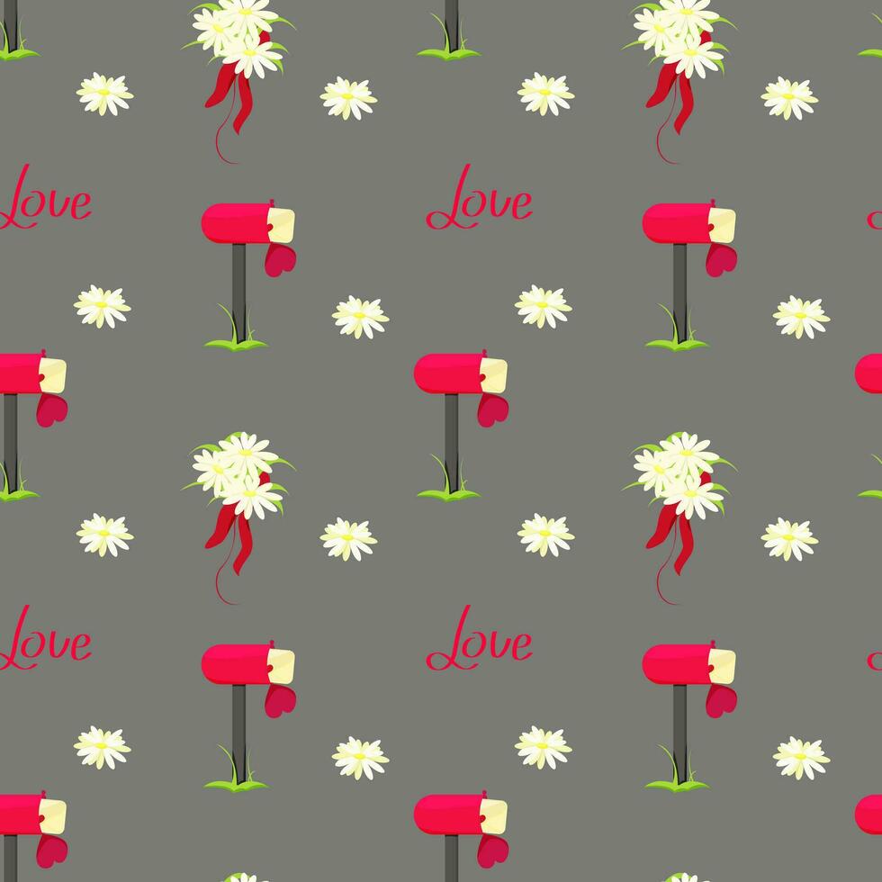 Valentine's Day pattern. Illustration with love objects. Daisies with a red ribbon, the inscription Love, mailbox. Vector illustration