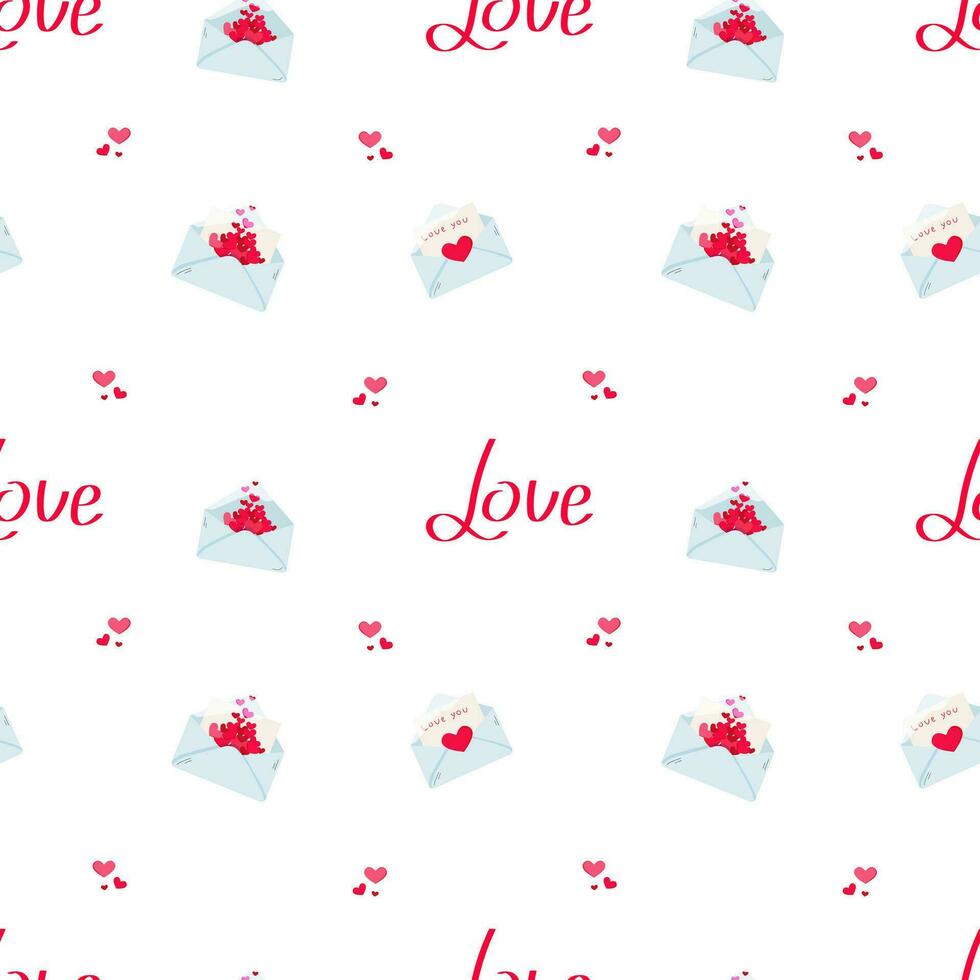 Pattern for Valentine's Day. Illustration with love objects. Cards for lovers, letters, love package, love letter. Inscription Love. Vector illustration