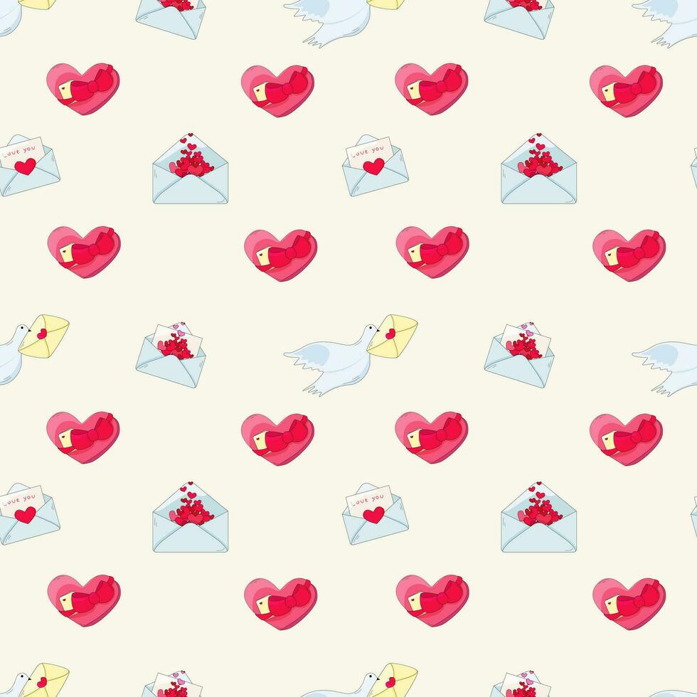 Valentine's Day pattern. Illustration with love objects. Cards for lovers, a dove with a letter, a box of chocolates with a message, a love parcel, a love letter. Vector illustration