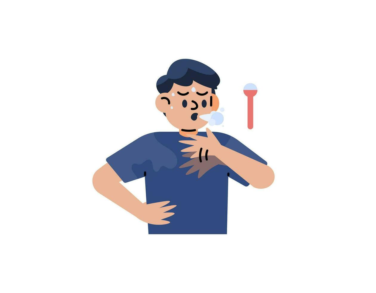 Illustration of a man who feels sultry. The facial expression of an overheated person. clothes get wet from sweating. High temperature causes the body sweating. flat illustration design. graphic vector