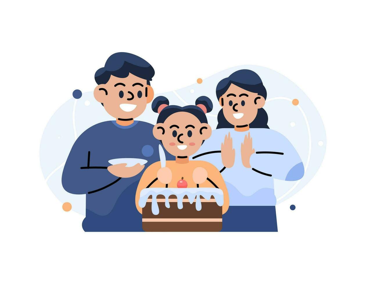 familia tiempo. celebrar cumpleaños con padres. padre y madre celebrar su hija cumpleaños. marido, esposa, y hija. comer cumpleaños pastel. plano ilustración diseño. gráfico elementos. vector