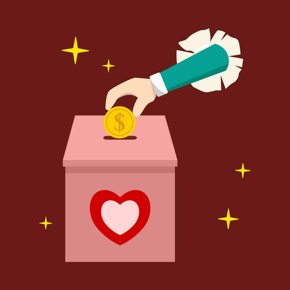 Hand throw money gold coin into the donation box for donation, humanitarian aid, alms, sharing or saving money. Charity fundraising concept. vector