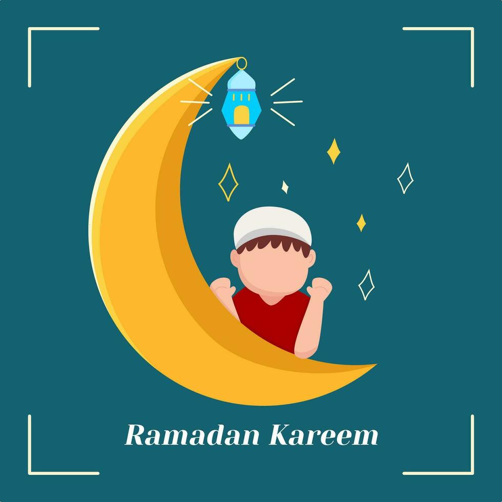 Ramadan Kareem, Islamic greeting card design with happy Muslim kids, lantern, and moon. For poster, media banner, flyer, social media. vector