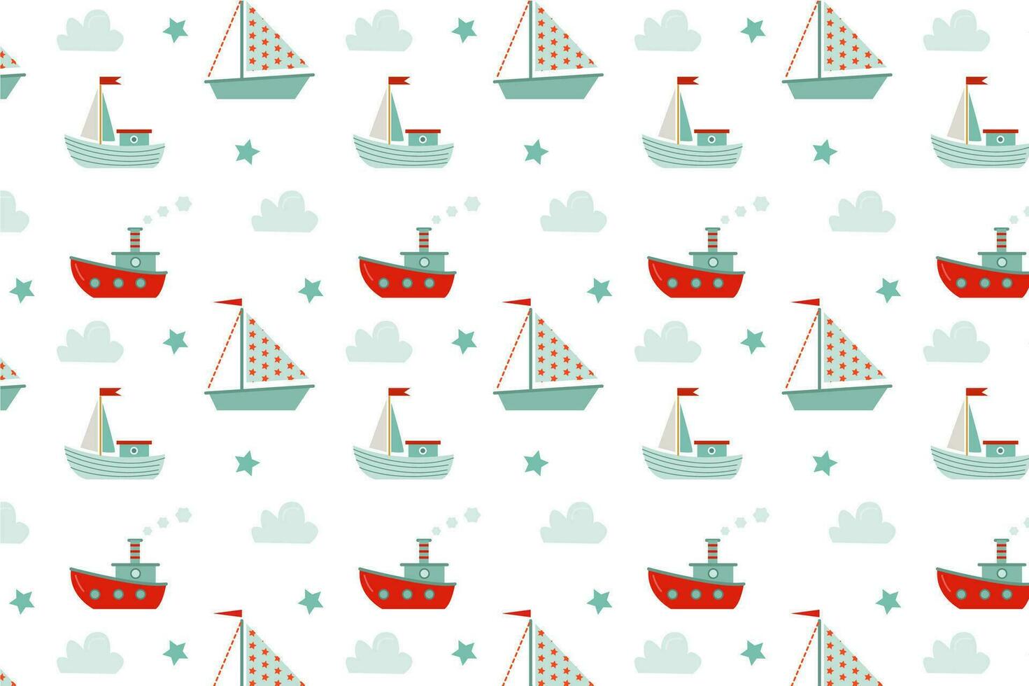 vector pattern with marine ships, stars and clouds