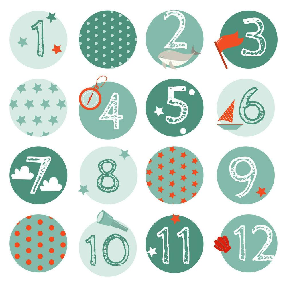 A vector set of cute digits for the first year of the baby with different elements of the sea theme