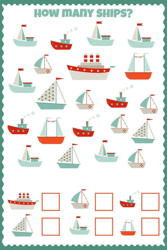 Vector task for children in math to count the number of ships in the picture