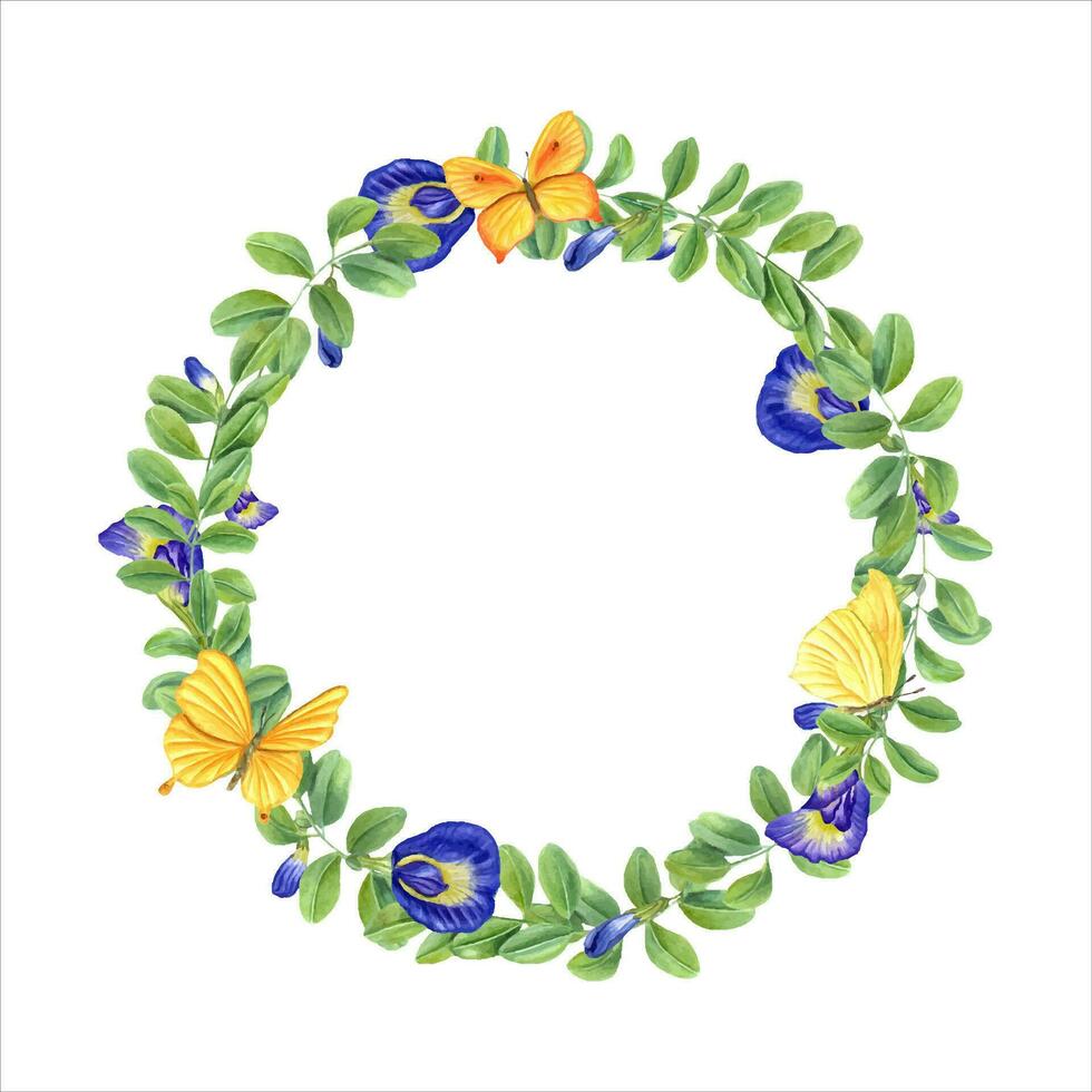 Wreath of blue wisteria and yellow butterflies. Clitoria ternatea, Fluttering lepidoptera. vector