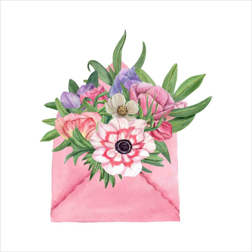 Bouquet of watercolor anemone flowers in pink envelope. multicolored spring flowers, leaves. vector