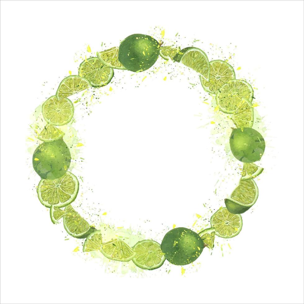 Wreath of ripe limes with splashes citrus juice. Fruit composition. Copy space for text vector